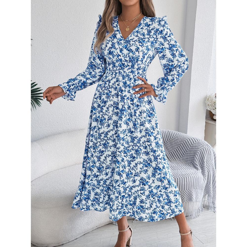 Women's Elegant Floral Cross V-Neck Waist Ruffle Long Dresses
