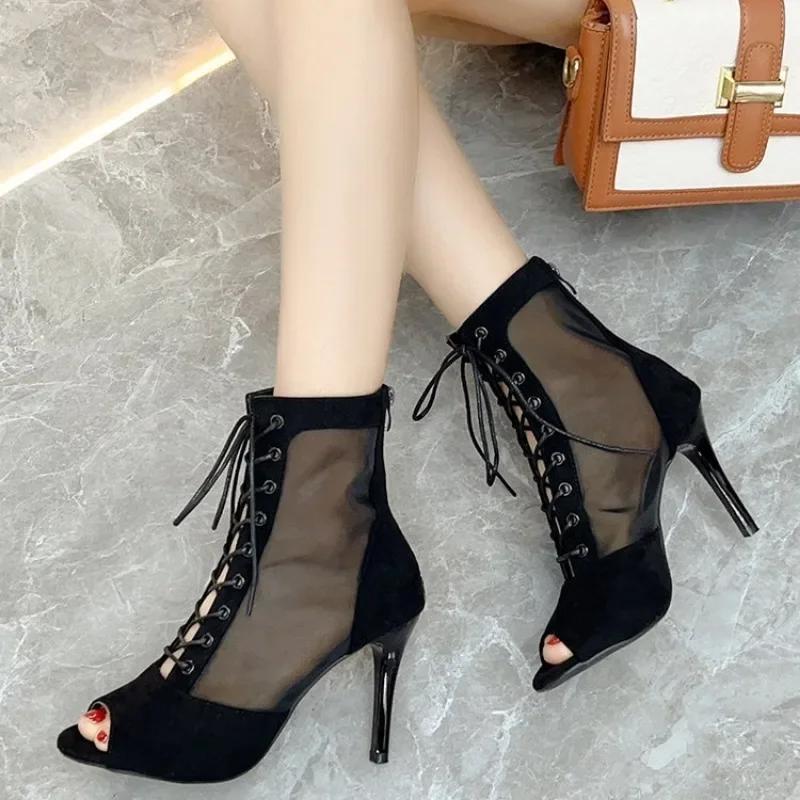 Seksi Kadın Stiletto Latin Dans Ayakkabıları Balo Tango Salsa Dans Botları Bağcıklı Yumuşak Tabanlı Parti File Botları 9CM