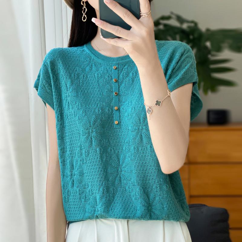 

Women Knit T-shirt Summer Knitted Shirt Short Sleeve Tees O-neck Pullover Knit Tops Female 2XL синій
