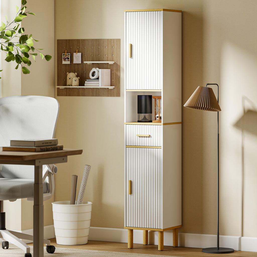 Bathroom Column Cabinet, Narrow Storage Unit with 2 Doors, Drawer, Open Compartment, White
