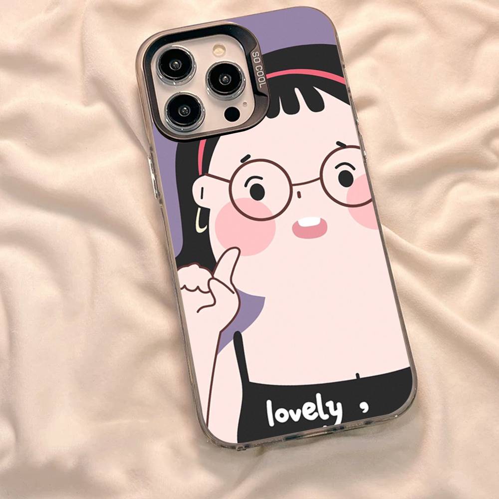 Cartoon Funny Boy Girl Couple Phone Case For iPhone 17 16 15 14 13 12 11 XS XR X Pro Max Plus Colored Silver Plated Cover