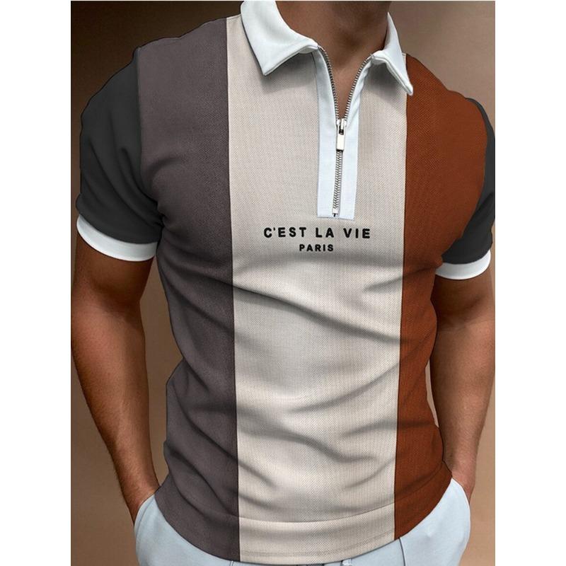 Men S Short Sleeve Polo Shirt Color Block Zip Detail Loose Fit Casual Top