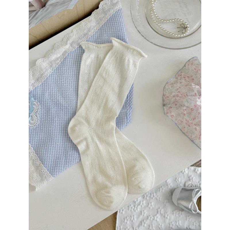 Floral Bow-knotted Stacked Socks, Solid-colored Women s Vertical Striped Mid-calf Cotton Socks, Cute Socks 1 pair