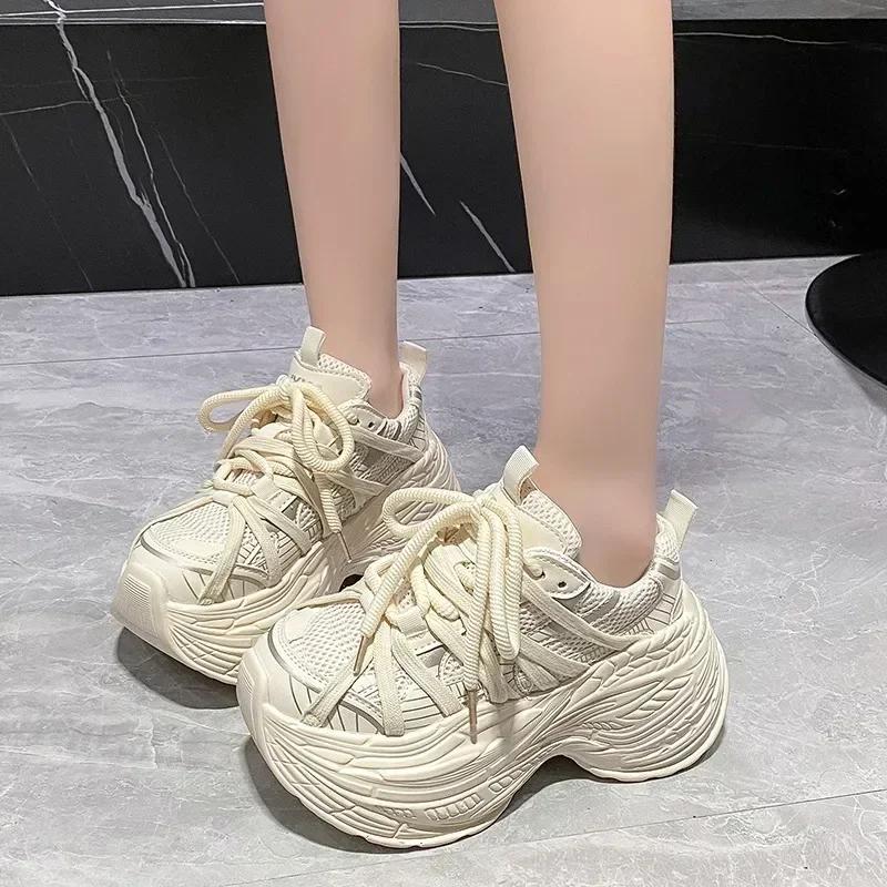 Fashion 8CM New Breathable Mesh Spring Autumn Chunky Sneakers Heels High Platform Dad Shoes Women Fashion Wedges Casual Walking Sneakers