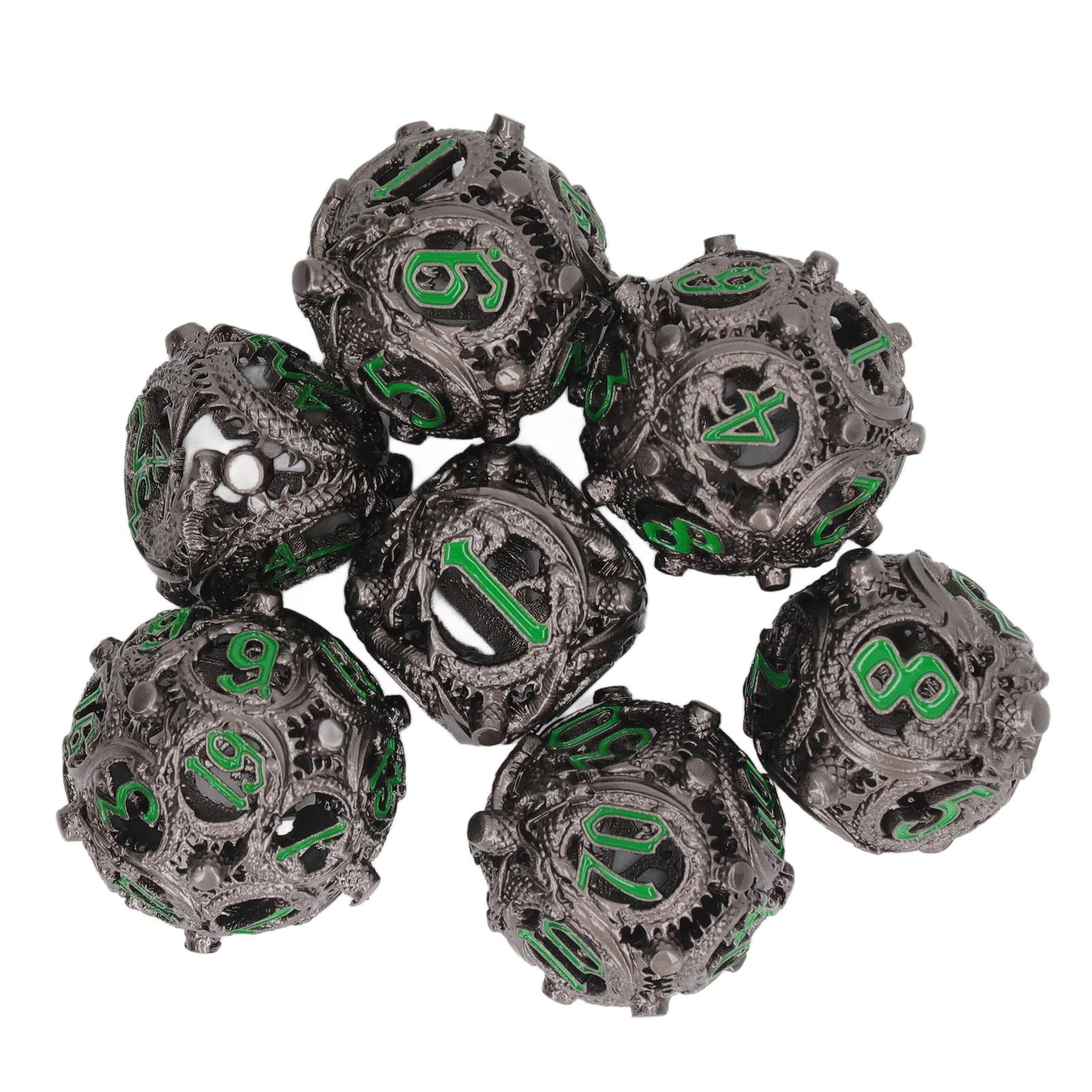 

Набор из 7 полых игральных костей, медные портативные сбалансированные вращающиеся гравированные металлические многогранные игральные кости для доски зелёный