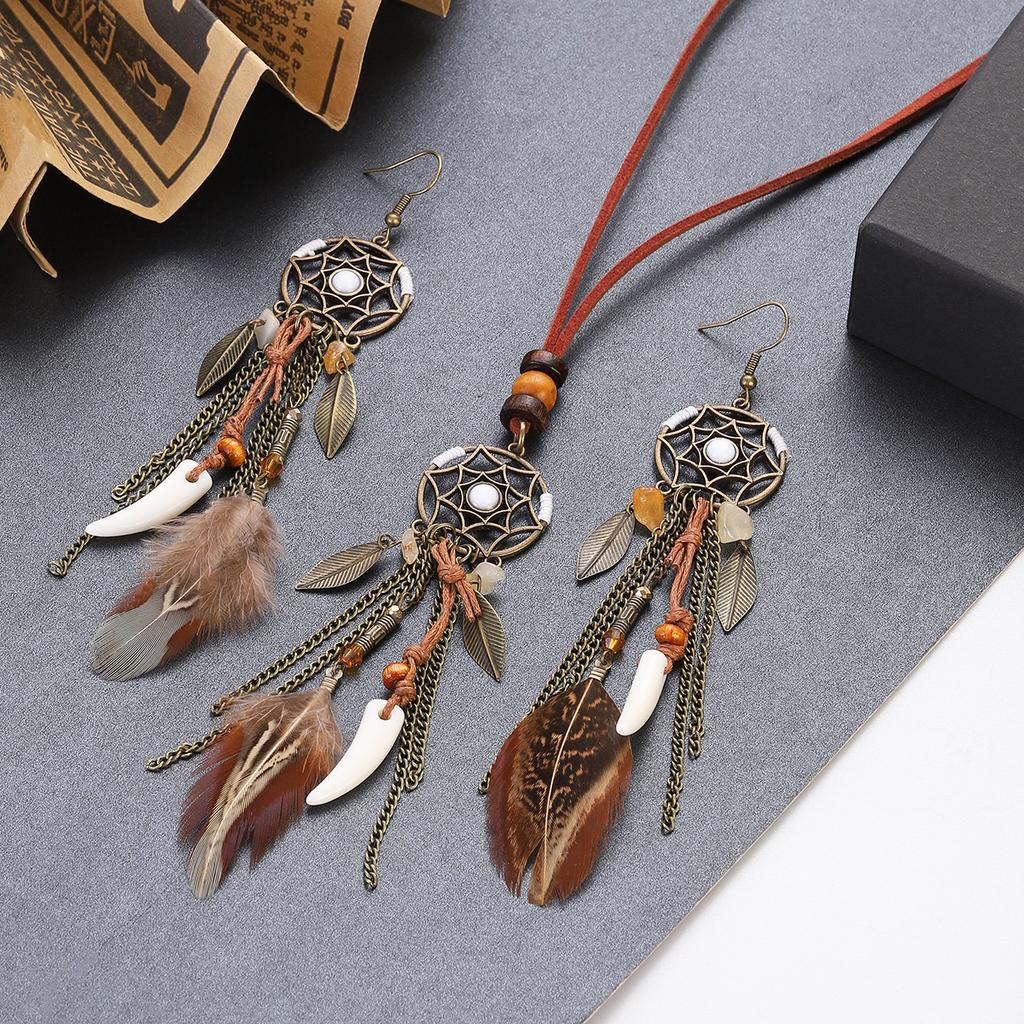 2pcs Bohemia Women's Hollow Dream Catcher Feather Tassel Earrings Sets Retro Alloy Leaf Stone Pendant Earrings Necklace Zircon