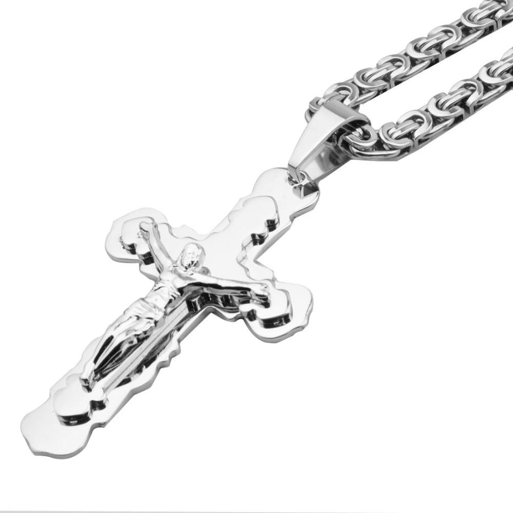 Nuova Moda 316 Acciaio Inossidabile Uomo Donna Colore Argento Ciondolo Croce Collana con 6mm 18-30 Pollici Catena Maglia Bizantina