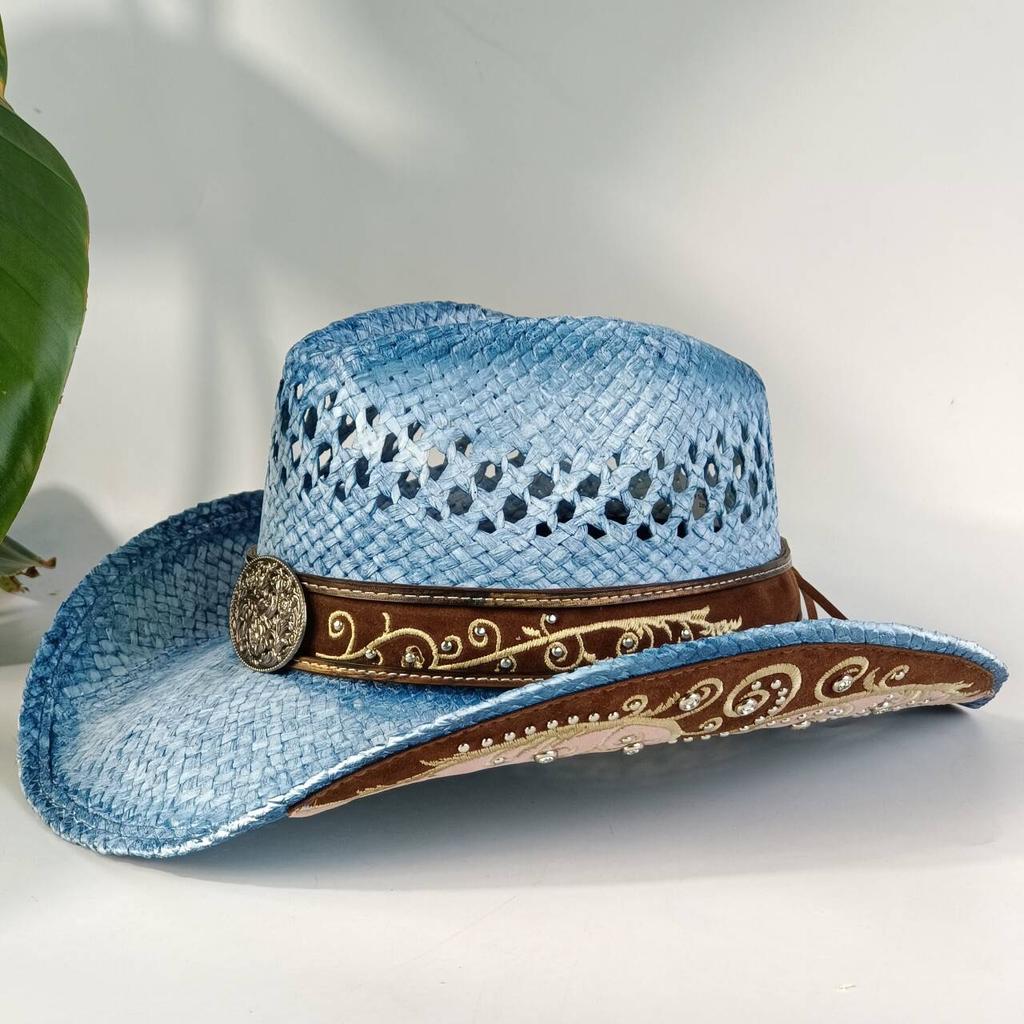 Sombrero de paja estilo western para hombre con hebilla decorativa turquesa sombrero de sol de ala ancha sombrero de vaquero de playa de verano para mujer