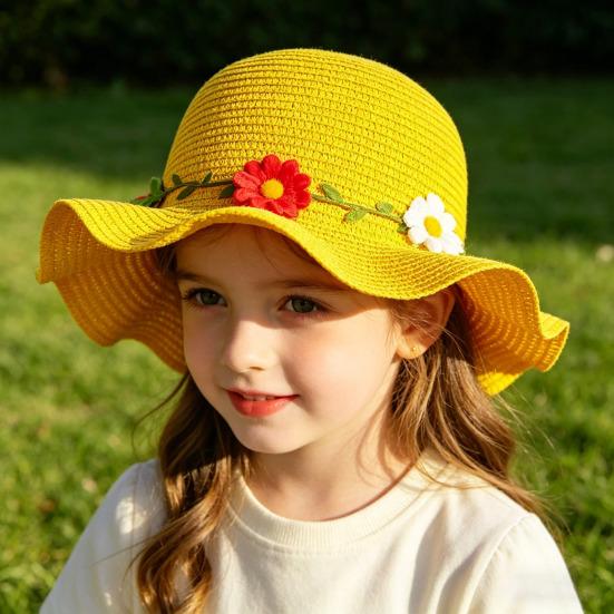 Children Sun Hat Wide Brim UV Protection Straw Hat with 3D