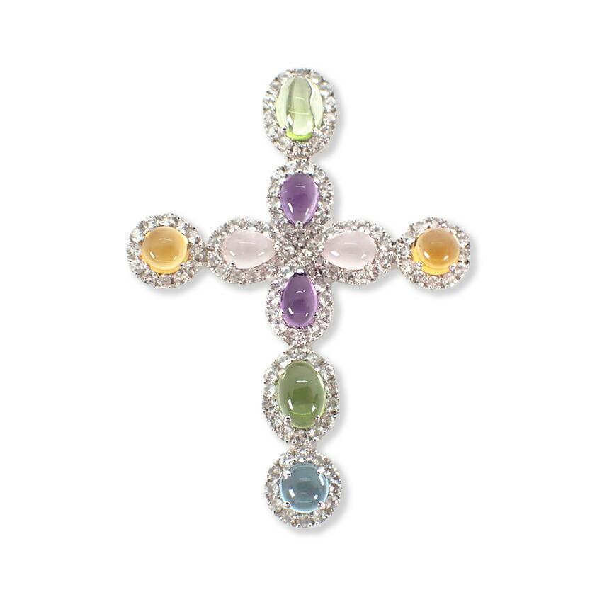 

[Used] 14KWG peridot/multi-stone cross pendant top/g463-74