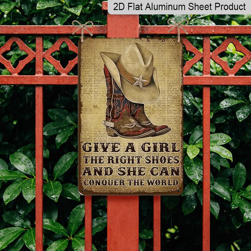 2D Flach, 1 Stück Vintage Western Cowgirl Metall Wanddeko mit inspirierendem Zitat „The Right Shoes for Girls“ - Aluminiumschild geeignet für Bauernhaus