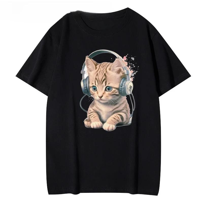 Round-neck Red T-shirt Women's T-shirt Top Women's T-shirt with Cute Kitten Wearing Headphones Print Short-sleeve for Women