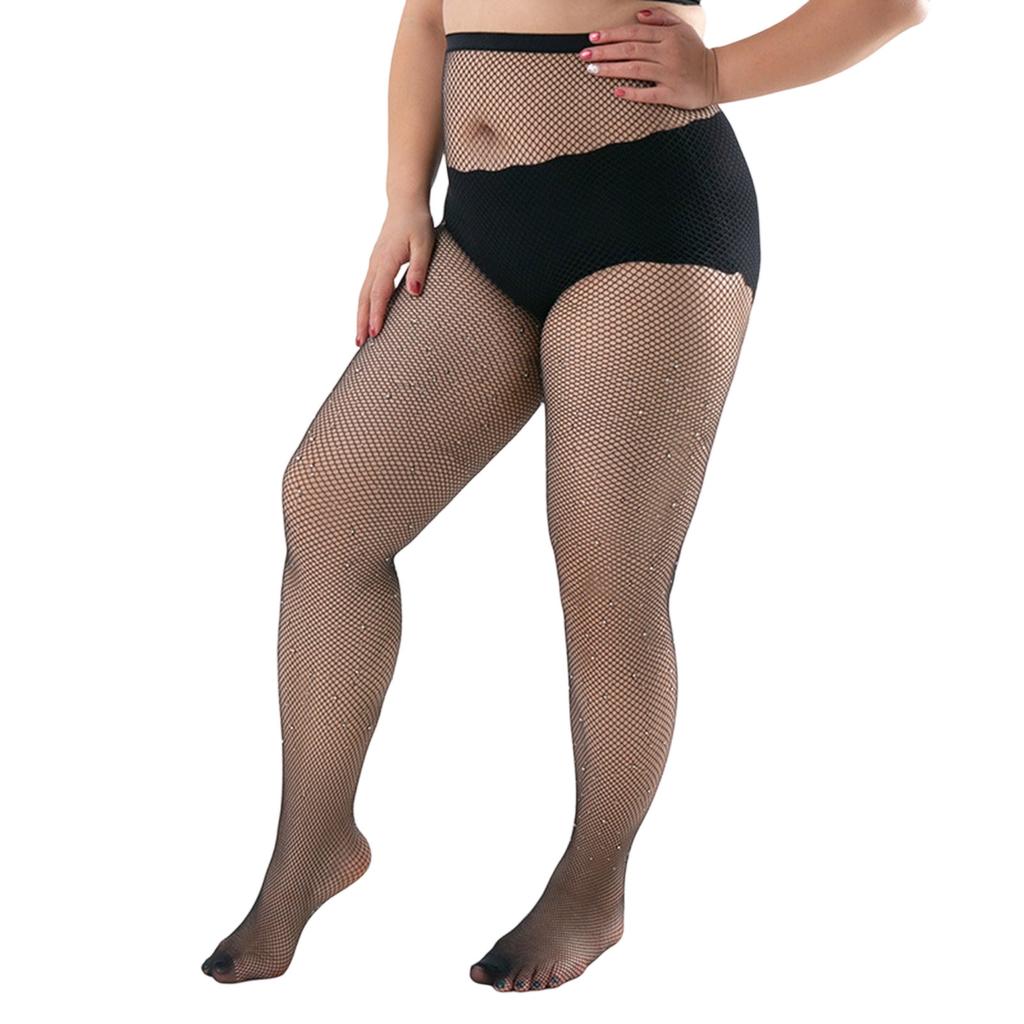 Women's Crystal Studded Mesh Stockings Large Size Breathable Nylon Fabric Fishnet Tights Rhinestones Pantyhose Stockings