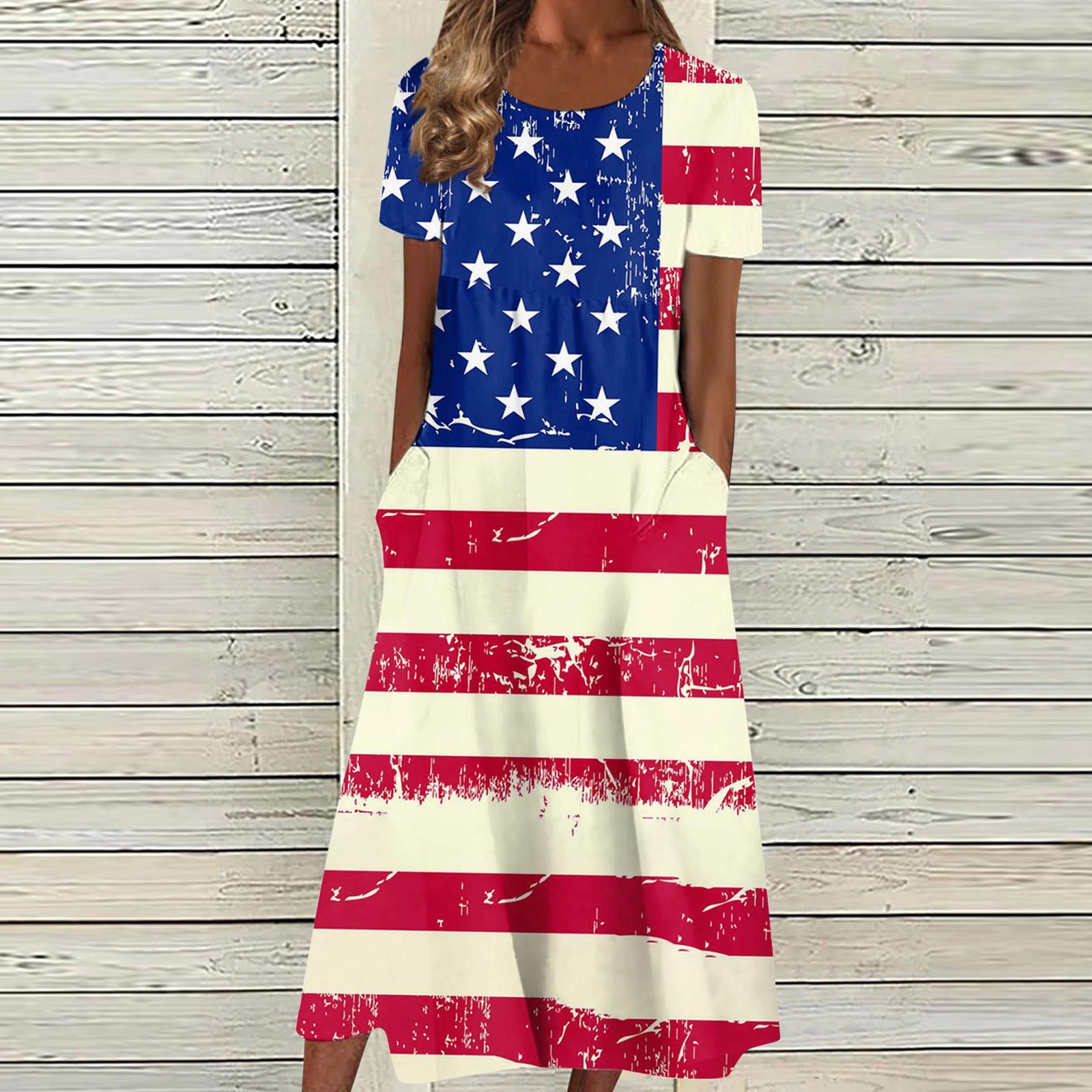 

Женское летнее повседневное модное платье с коротким рукавом и карманом на День независимости с коротким рукавом XXXL красный
