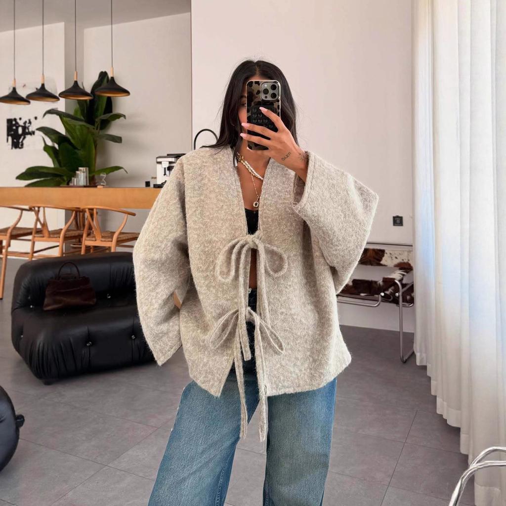 2025 cross-border European and American women's clothing Amazon cardigan long-sleeved lace-up woolen jacket casual pants fashion suit