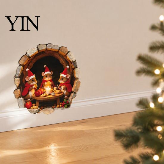 Christmas Mouse Wall Decals Hole Sticker, Decal, Self Adhesive Indoor Decor Cute Mice Sticker for Living Room Bedroom Nursery Festive Staircase Corner