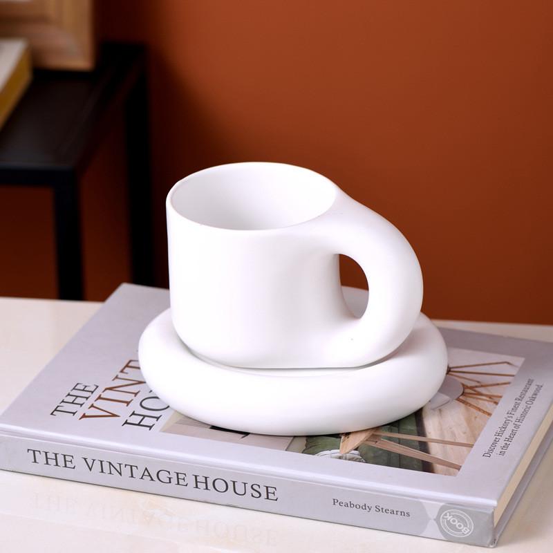 Ceramic Coffee Mug With Saucer Set Novelty Cute Fat Handle Cup  For Office And Home For Latte Tea Milk