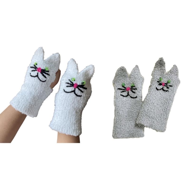 Soft Girls Winter Gloves Warm Mittens Half Finger Touchscreen Embroidery Cat Design Mittens for Women Winter Supplies