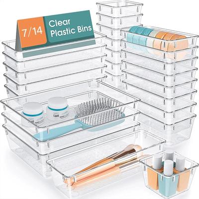 Juego de organizadores de cajones de 7/14 Uds., divisores de escritorio de plástico transparente, contenedores para dormitorio, tocador, caja de almacenamiento de oficina para maquillaje, aparatos de joyería