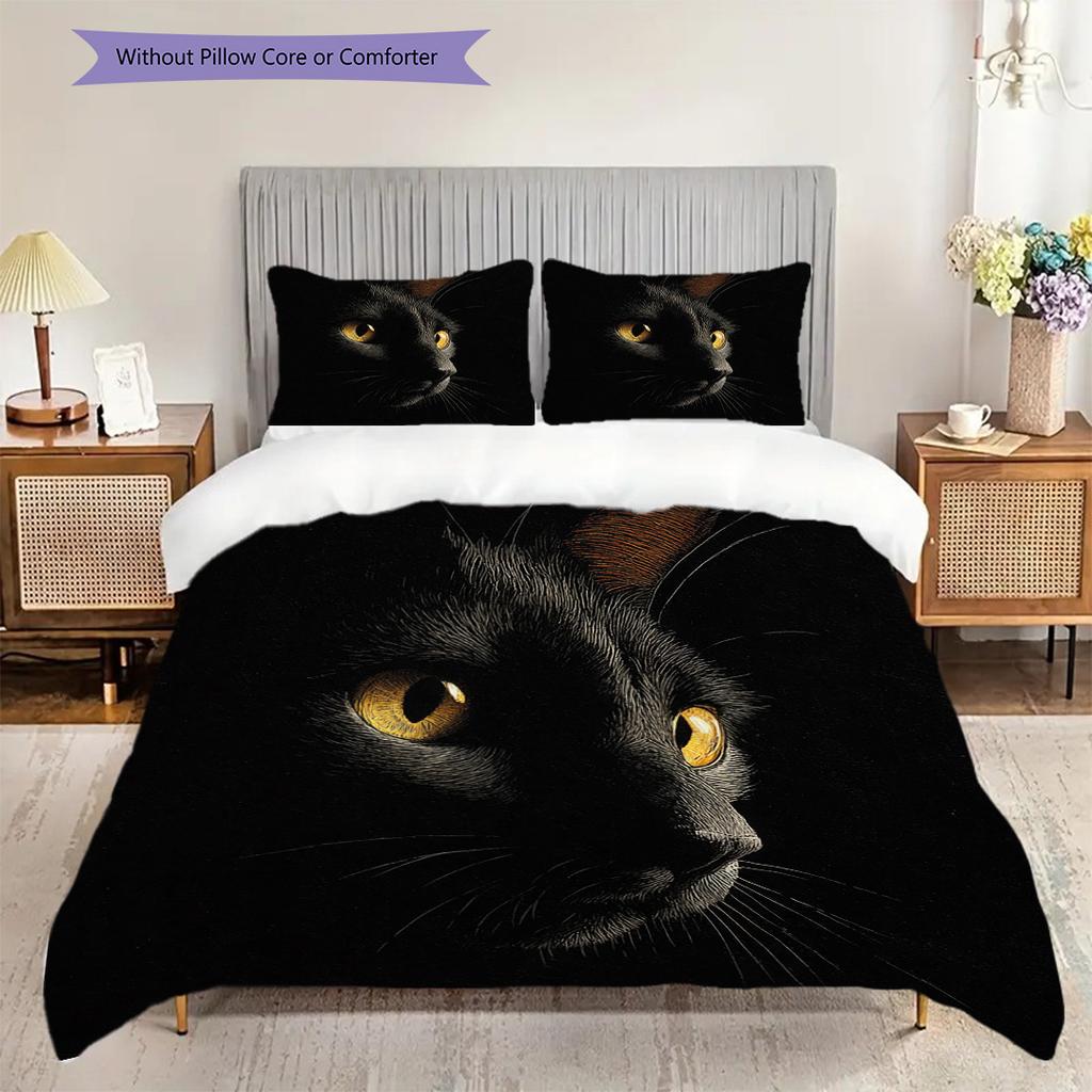 Black Cat Pattern Bedding Quilt Set Quilt Cover Pillowcase Home Decoration Birthday Gift (1 * Duvet Cover + 2 * Pillowcase, Without Core)
