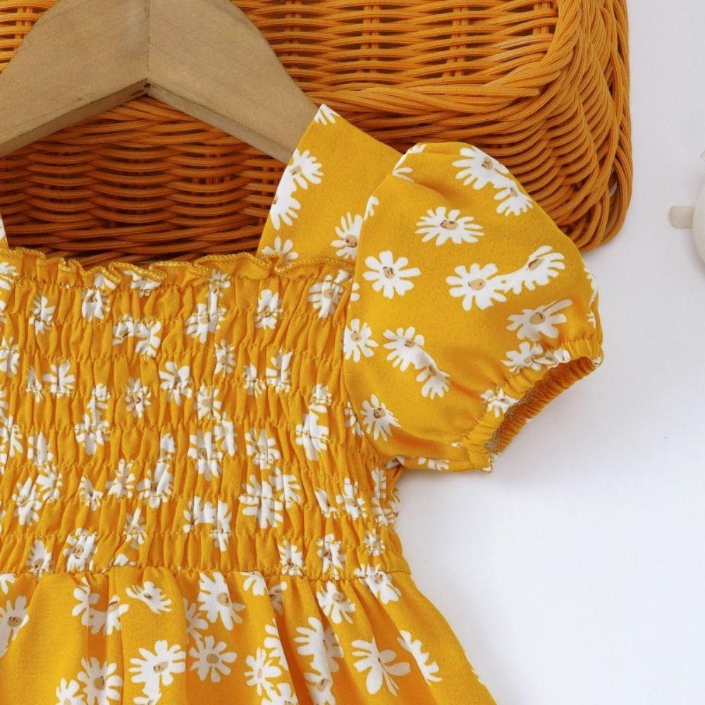 Square Collar Summer Flower Dress Puff Sleeve Toddle Dress Baby Girls Princess Dress  Summer