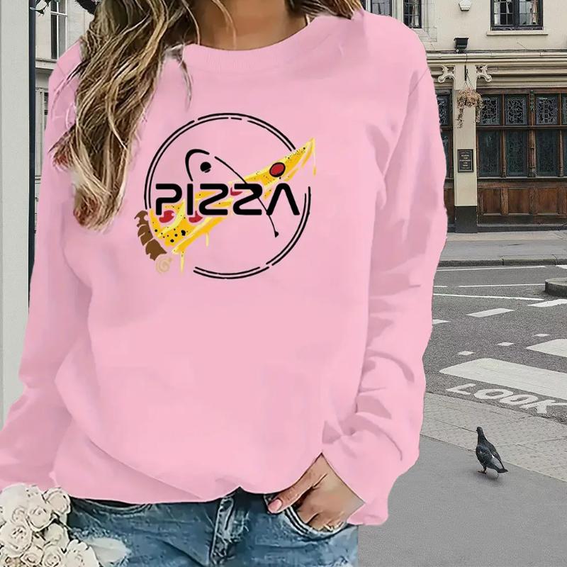 Hauts Pour Femmes T-shirt Simple à Manches Longues et Col Rond avec Imprimé Lettre Pizza Automne Décontracté Pull Slim Haut à Manches Longues pour Femmes