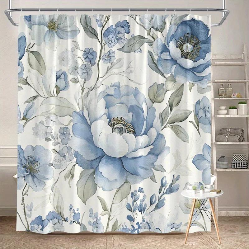 Tranquil Blue Flower Shower Curtain - Elegant Watercolor Flower Wall Hanging Living Room, Bedroom Decoration - Tranquil W90xH180cm