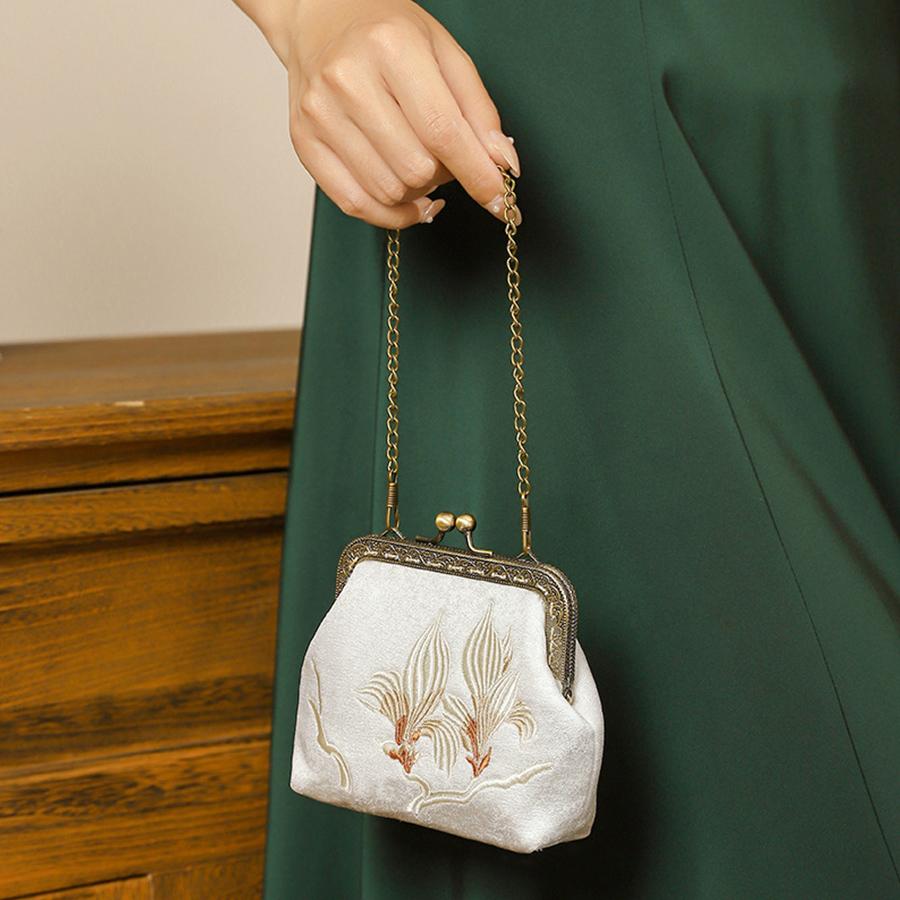 Embroidery Clip Lock Women's Coin Purse Retro Bifold Kiss Lock Small Wallet Simple Chains Lipstick Portable Pocket Clutch Bags