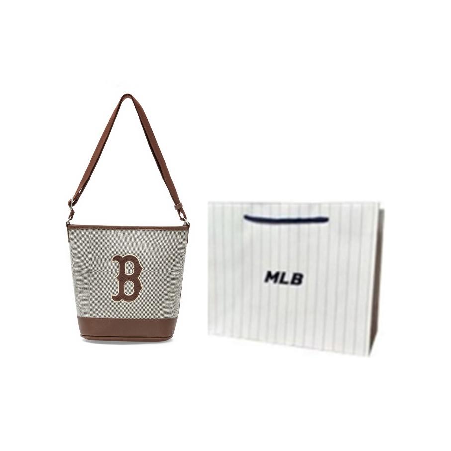 MLB Boston Red Sox Letter Logo Decorative Casual College Style Adjustable Shoulder Strap Canvas Bucket Bag Unisex Bags Brown Gray 3ABMS072N-43BRD