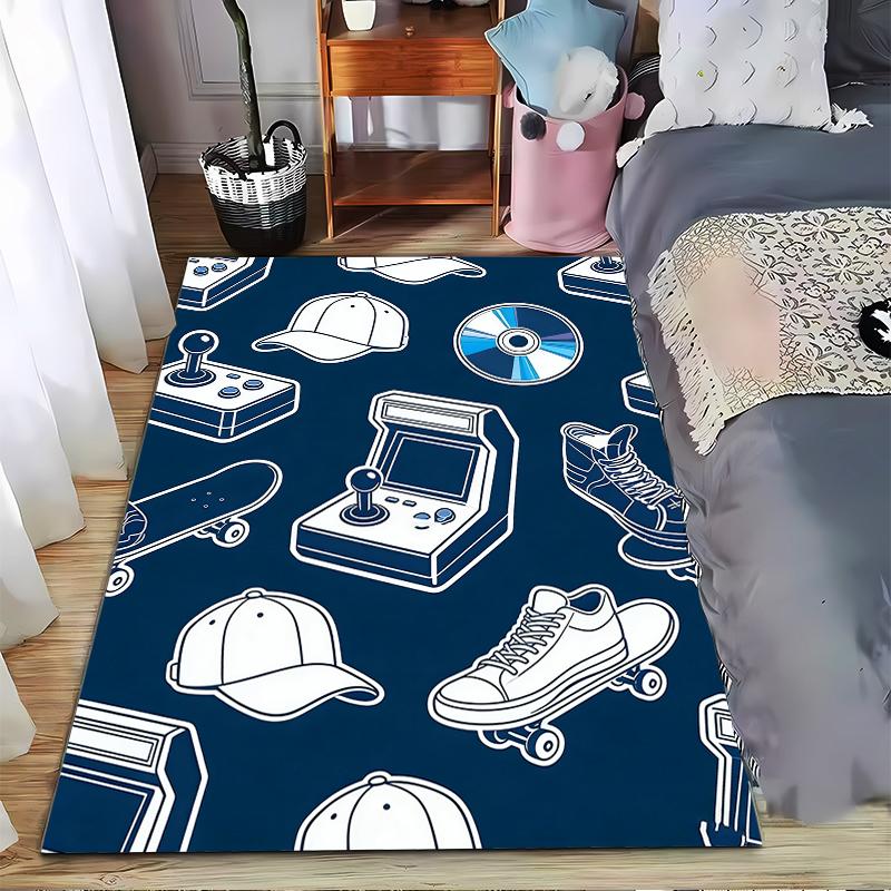 Vintage Game Console Carpet with Skateboard, Hat, and Sneaker Design Suitable for Use As an Anti-slip for Living Room Bedroom Sofas