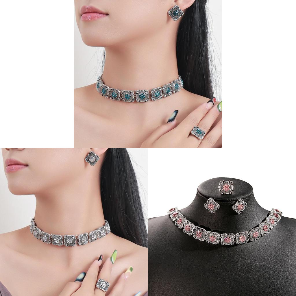 Vintage Floral Jewelry Set With Rhinestone Necklace Earrings Ring For Women