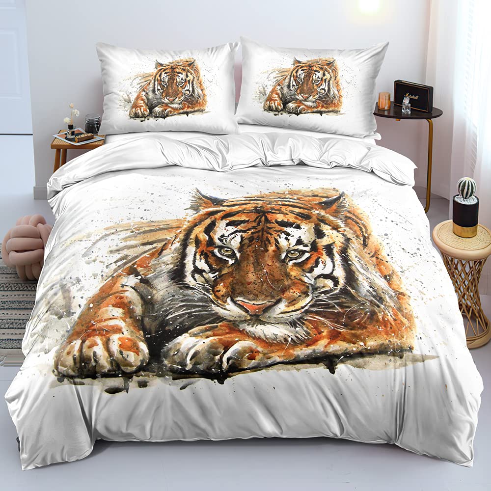 Tiger Duvet Cover Set King Size 3D White Tiger Bedding Sets Wild Animals Pattern Comforter Cover Set For Boys Girls Quilt Cover