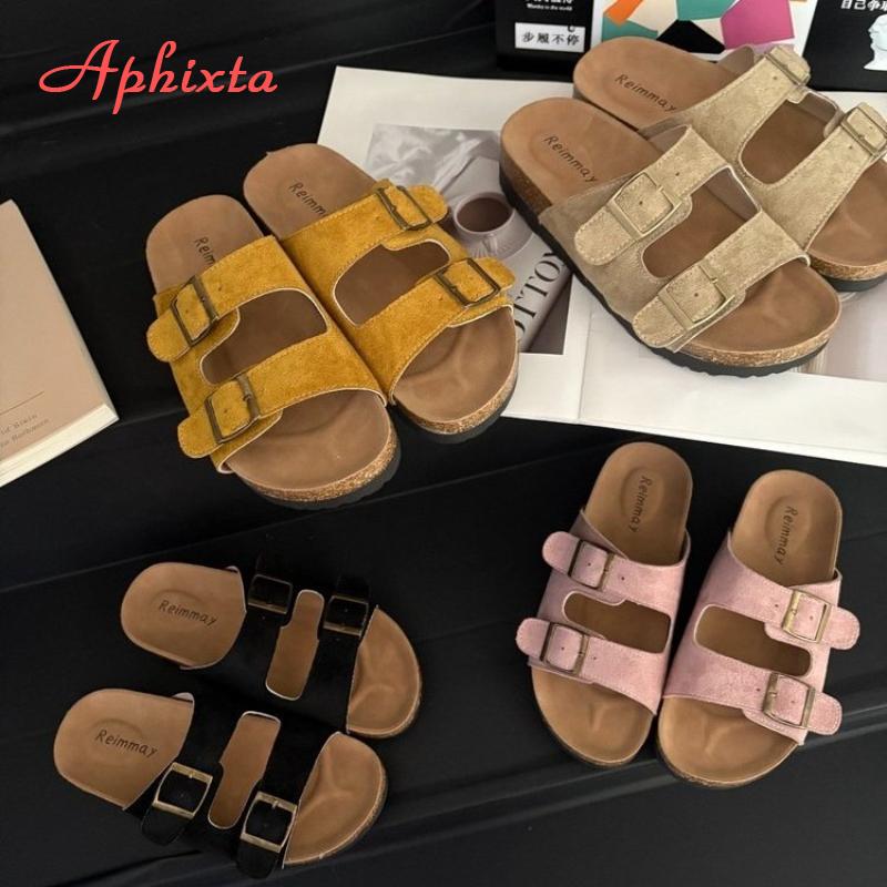 Aphixta Cork Clogs Slippers For Women Classic Suede Summer Sandals Outdoor Beach Shoes With Adjustable Metal Buckle