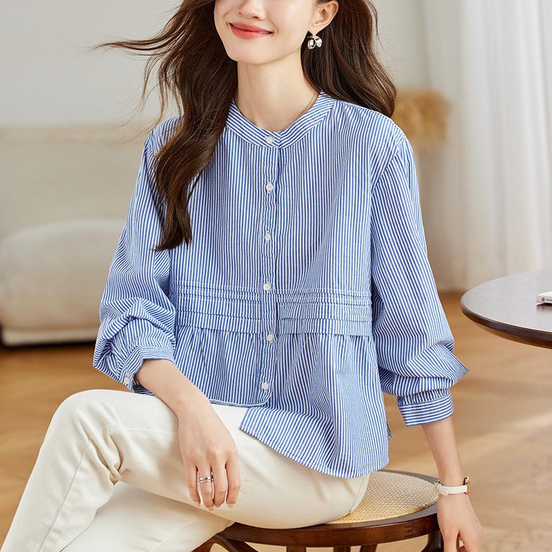 Female Spring Long Sleeve Round Collar Striped Shirt Single Row Multi Button Commuter Top