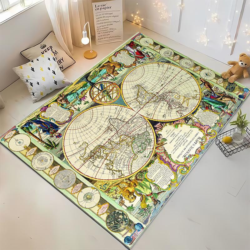 Vintage World Map with Ornate Borders Design Non-slip Rug Suitable for Living Room and Bedroom Sofas