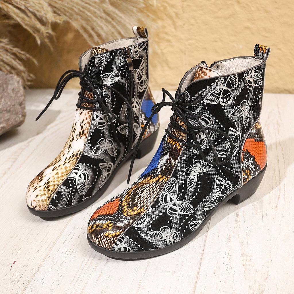 Autumn New Thick Heel Single Boot Fashion Round Head Front Lace-up Printed Women's Boots Classics Soft Sole Non-slip Ankle Boots