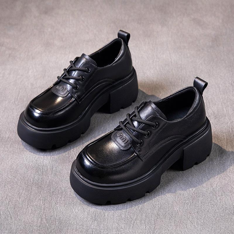 The First Layer of Cowhide Loafers Women's Autumn 2025 New Leather Muffin Thick-soled Retro Lace-up Women's Single Shoes