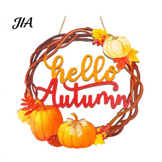 Hello Autumn Wood Plaque Harvest Wooden Wreath Pendant, Front Door Hanging Ornaments with Hemp Rope, Natural Fall Sign Pumpkins Maple Leaves
