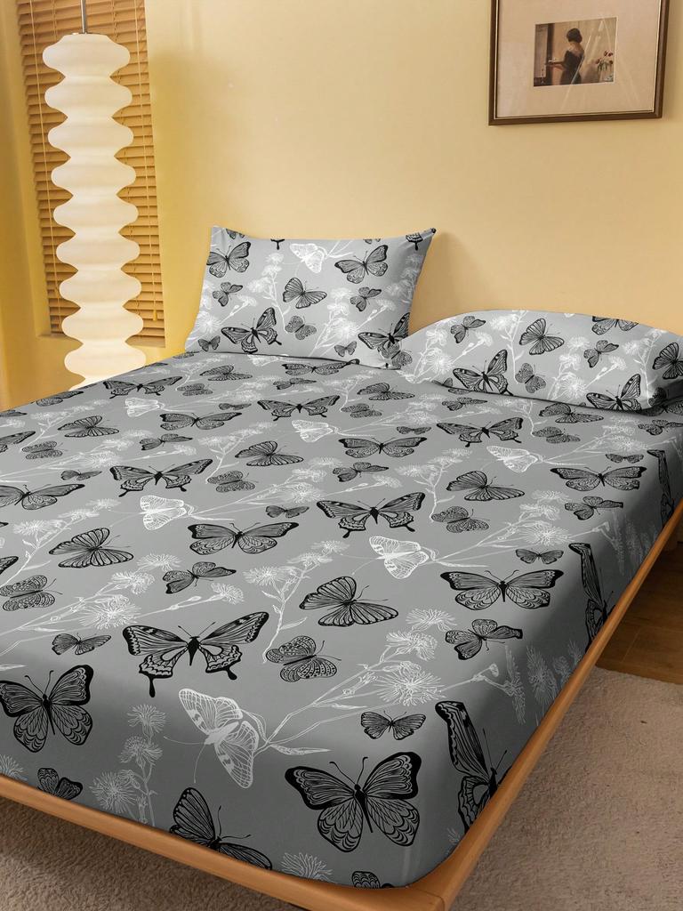 Black And White Butterfly Pattern Printed Fitted Sheet 3PCS Flat Sheet Set Minimalist Style Botanical Line Art Design Room Decor