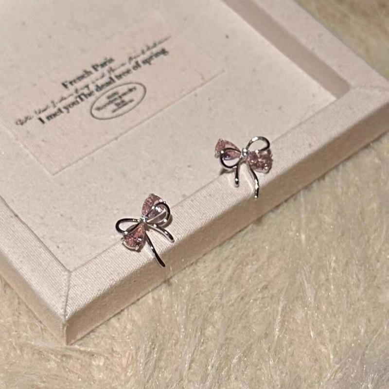 Pink diamond bow stud earrings women's sweet cool ins style foreign style earrings niche design advanced temperament explosive earrings