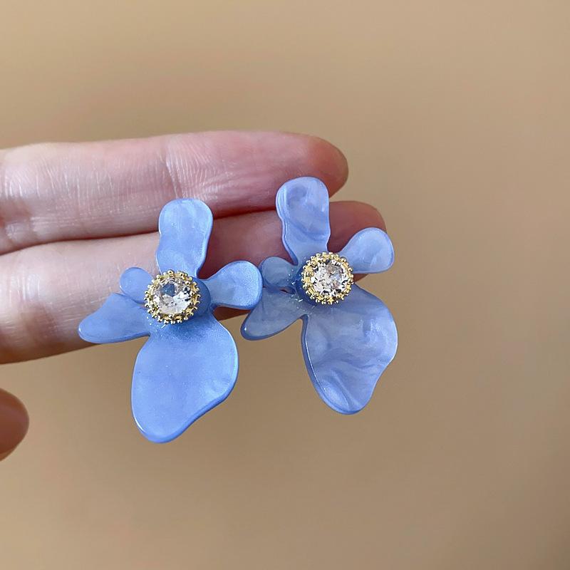 Resin zircon flower petals silver needle stud earrings fashion sweet earrings temperament earrings