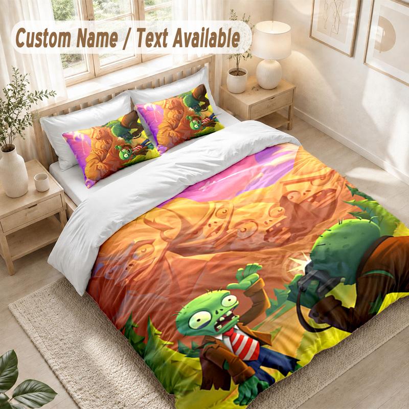 Plants Vs. Zombies Bedding Set, 1 Duvet Cover & 2 Pillowcases Soft Comfortable Bedroom Home Textile Decor