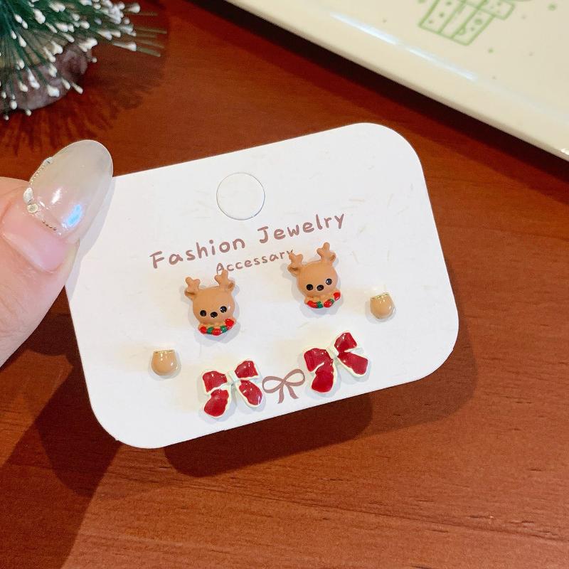 3 Pairs Cute Cartoon Christmas Earring Set Kawaii Santa Claus Bell Elk Festival Red Earring Fashion Jewelry Accessories Gifts