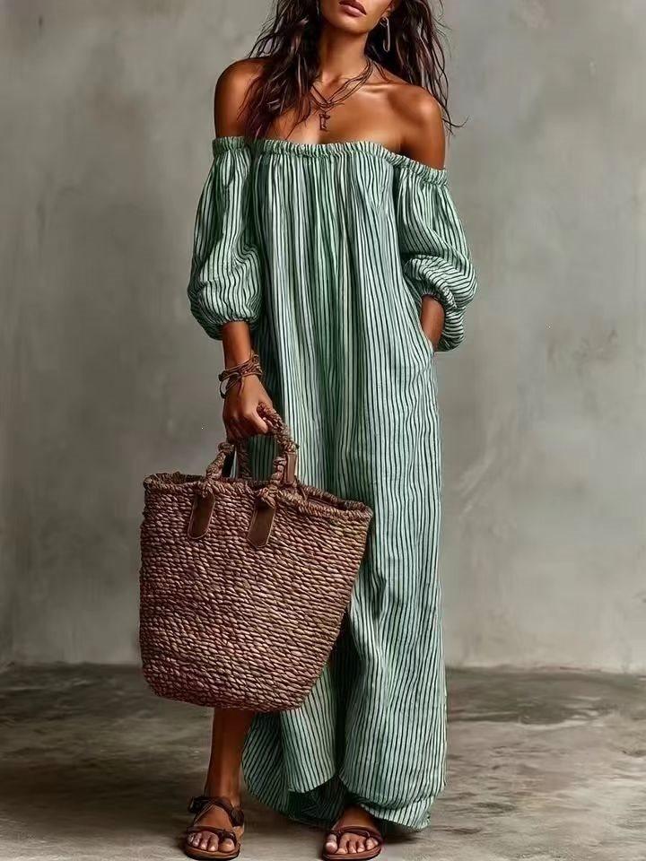 2026 European and American Independent Station Spring and Summer Women's Striped Shoulder Long Dress