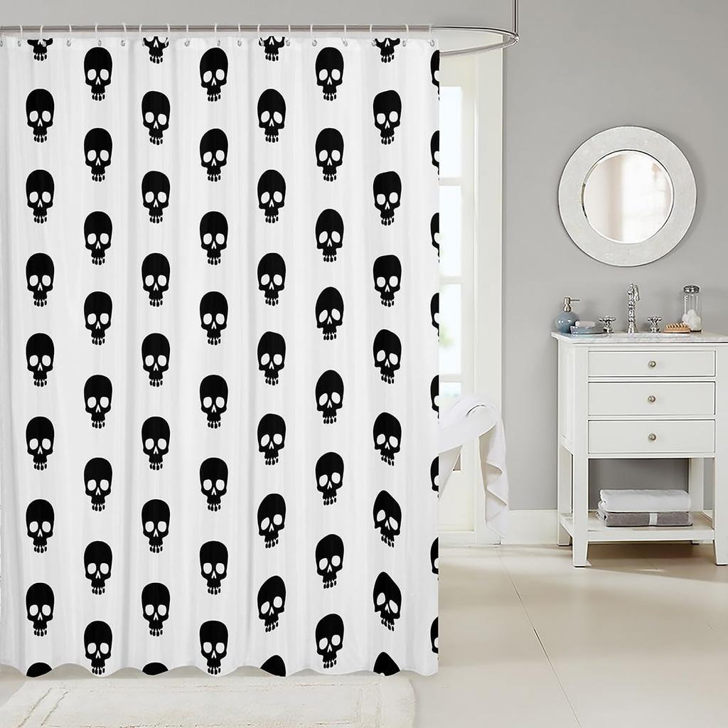 Skull Pattern Shower Curtain Black White Gothic Design Halloween Decor Punk Rock Theme Bathroom Art Bold Graphic Bath Linen