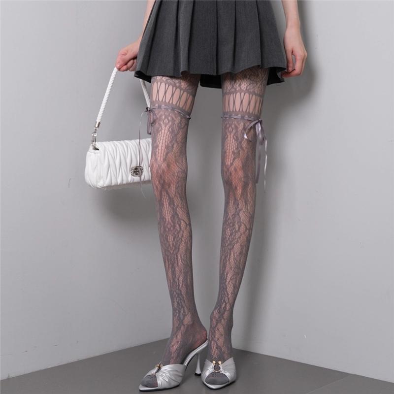 Women Patterned Fishnet Thigh High Stockings Suspender Pantyhose Garter Belt Tights Sheer Mesh Tights Pantyhose Hosiery
