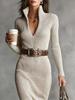 Herbst/Winter 2025 Europäischer Britischer Stil Figurbetontes Bodycon-Kleid mit Gürtel, Mittellang, Unterhalb des Knies