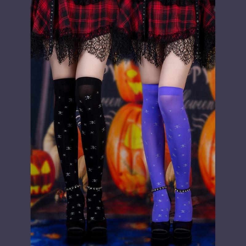 Damen Kniestrümpfe Über dem Knie Hohe Strümpfe Japanische Lolitas Totenkopfmuster Lange Socken Dünne Halloween-Strümpfe