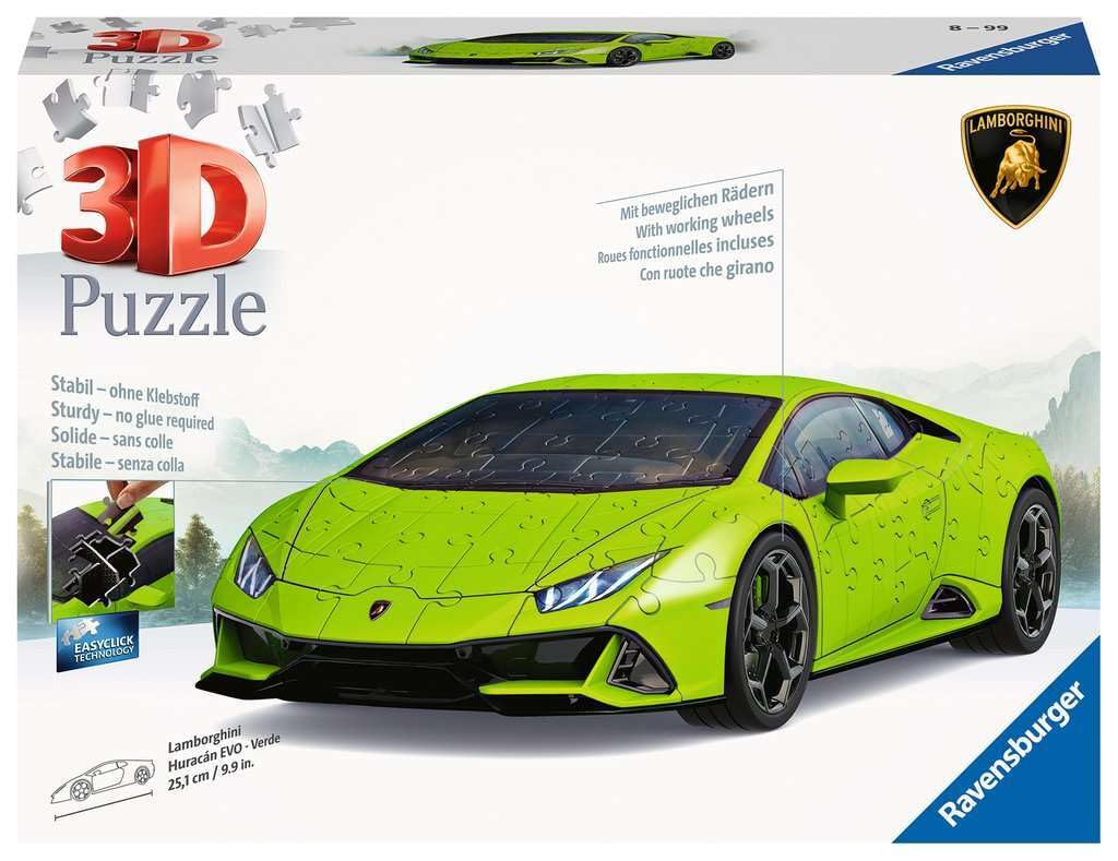 

3D-пазл Ravensburger: Lamborghini Huracán EVO (зеленый) 108 штук. Готовый размер: 25,1 см (длина). предмет номер. 11559. Подходит для детей от 8 лет и старше.. [Головоломка]