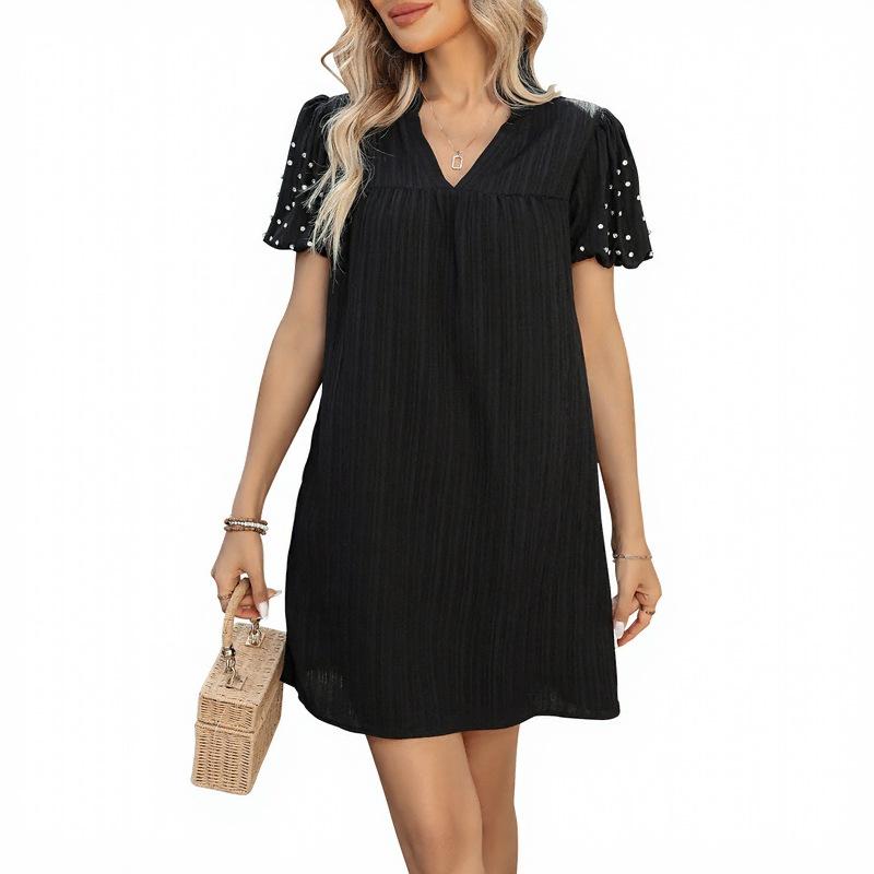 2025 New Loose Straight Skirt Beaded Lantern Sleeves Fashionable Simple Black Dress